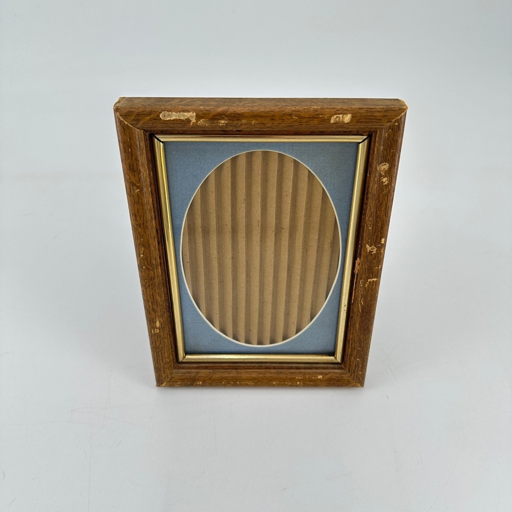 Vintage Wood Picture Frame Blue Oval Mat Gold Trim 5x7 Distressed Rustic Decor